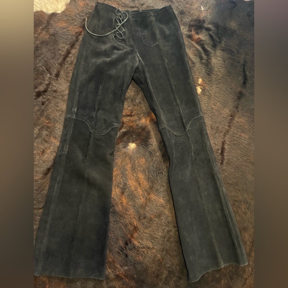Black Suede Leather Biker Moto Pants Vintage 60s 70s Metal Motorcycle Rocker